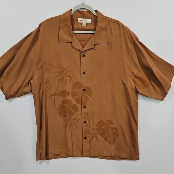 Tommy Bahama 100% Silk Button Up Down Short Sleeve Shirt Brown Mens XL Palm Tree - Picture 1 of 11